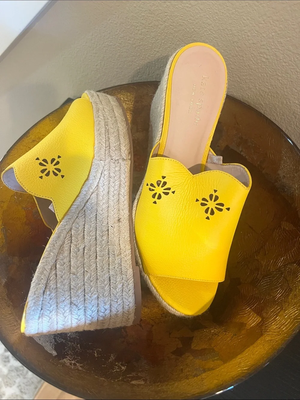 kate spade Bright Yellow Perforated Leather Slide Mules